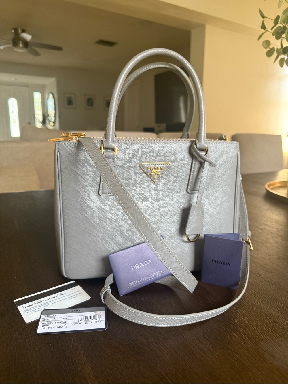 Prada Saffiano Galleria Medium Leather Top-Handle Bag in Light Gray